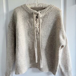 ZARA Knit Wool Scoop Neck Long Sleeve Criss Cross Tie Neck Oatmeal Sweater Sz M